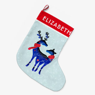Blue Nordic Christmas Reindeer Pair Large Christmas Stocking