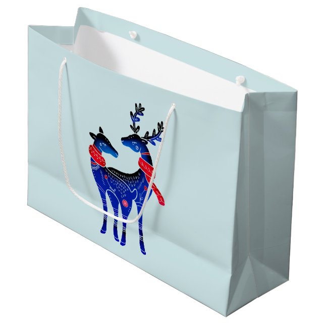Blue Nordic Christmas Reindeer Pair Large Gift Bag (Front Angled)