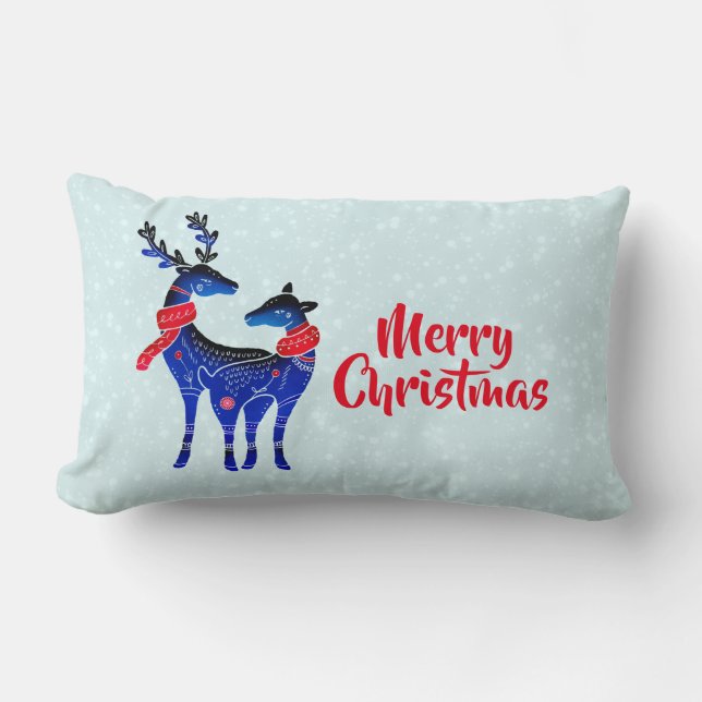 Blue Nordic Christmas Reindeer Pair Lumbar Pillow (Front)