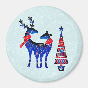 Blue Nordic Christmas Reindeer Pair Magnet