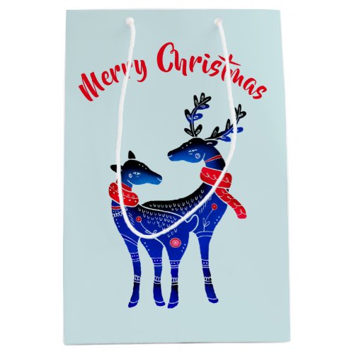 Blue Nordic Christmas Reindeer Pair Medium Gift Bag