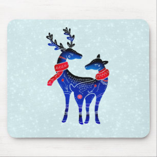 Blue Nordic Christmas Reindeer Pair Mouse Pad