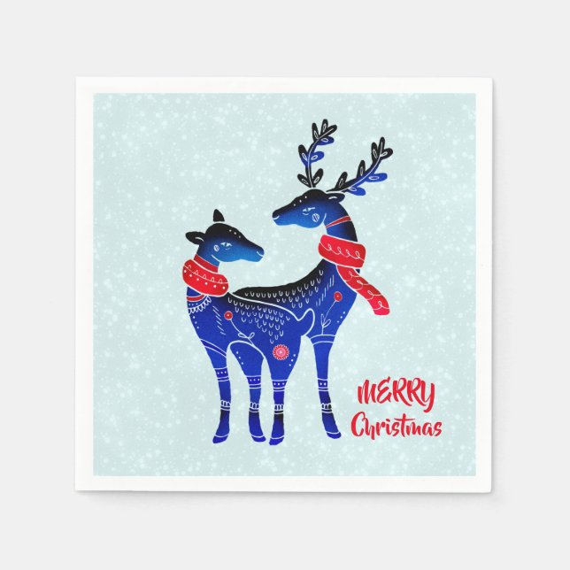 Blue Nordic Christmas Reindeer Pair Napkins (Front)