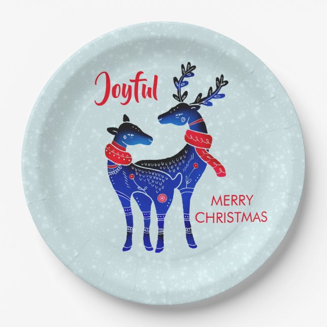 Blue Nordic Christmas Reindeer Pair Paper Plates (Front)