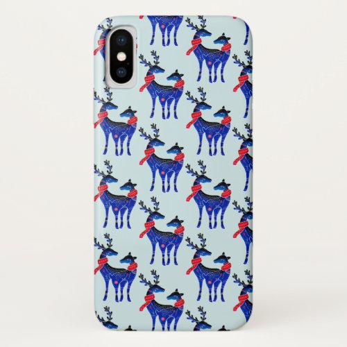 Blue Nordic Christmas Reindeer Pair Pattern iPhone X Case