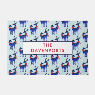 Blue Nordic Christmas Reindeer Pair Pattern Doormat