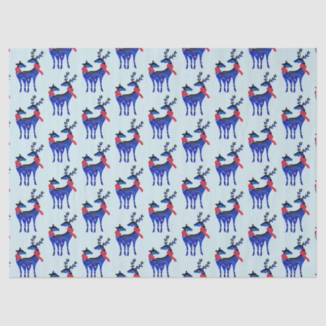 Blue Nordic Christmas Reindeer Pair Pattern Tissue Paper (Front)