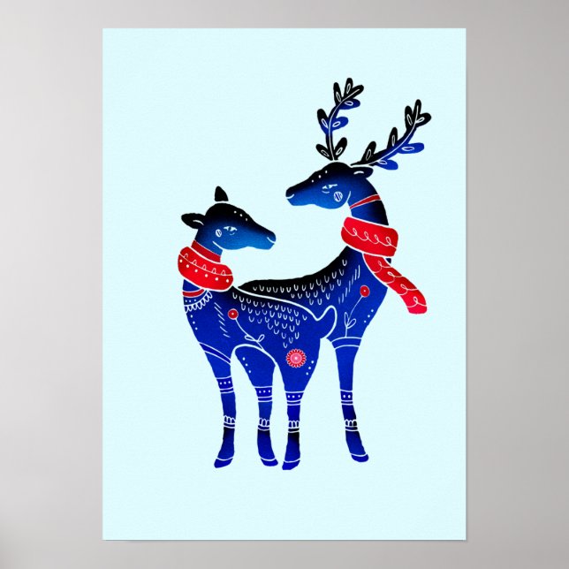 Blue Nordic Christmas Reindeer Pair Poster (Front)