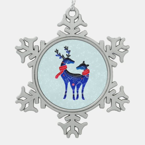 Blue Nordic Christmas Reindeer Pair Snowflake Pewter Christmas Ornament