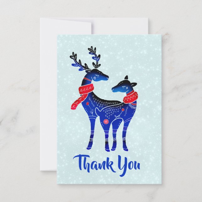 Blue Nordic Christmas Reindeer Pair Thank You Card (Front)