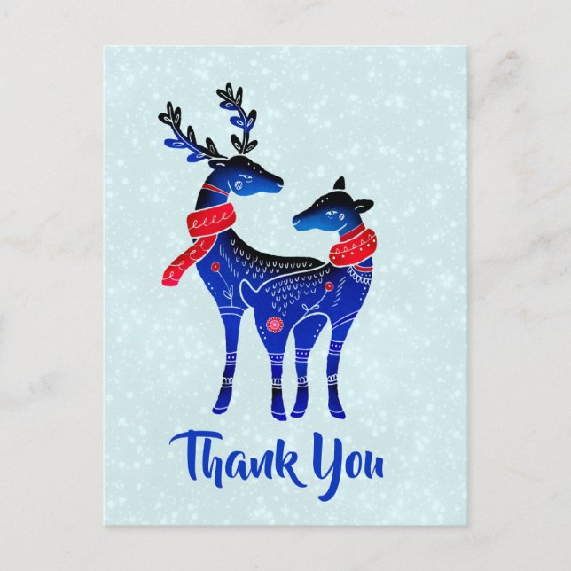 Blue Nordic Christmas Reindeer Pair Thank You Postcard (Front)