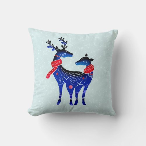 Blue Nordic Christmas Reindeer Pair Throw Pillow