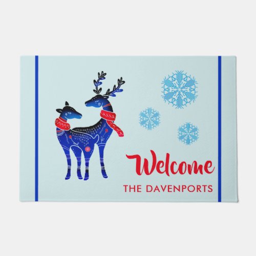 Blue Nordic Christmas Reindeer Pair Welcome Doormat