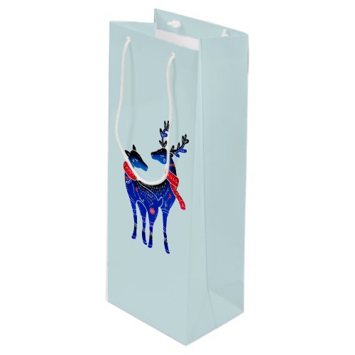 Blue Nordic Christmas Reindeer Pair Wine Gift Bag