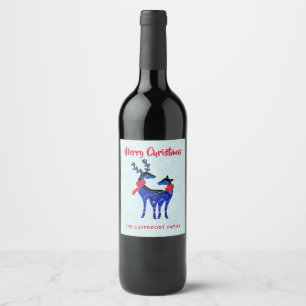 Blue Nordic Christmas Reindeer Pair Wine Label