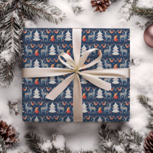 Blue Nordic Deer Christmas Tree Floral Holiday Wrapping Paper