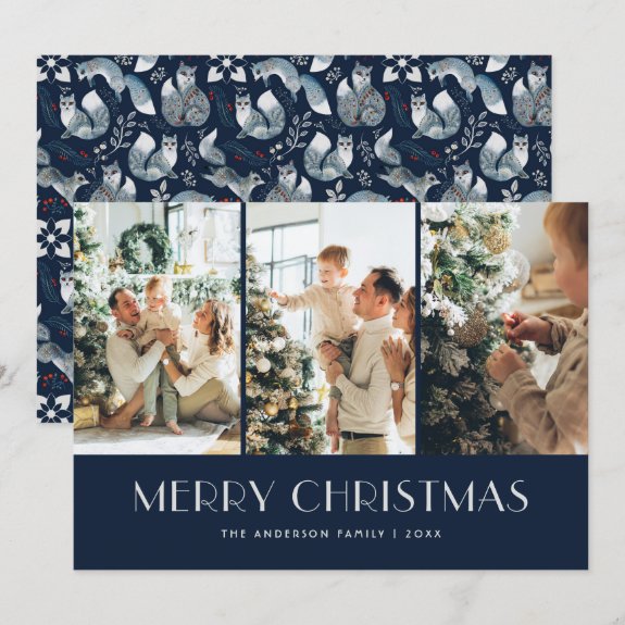 Blue Nordic Fox Photo Collage Merry Christmas Card