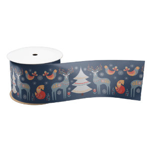 Blue Nordic Reindeer Christmas Tree Floral Holiday Satin Ribbon