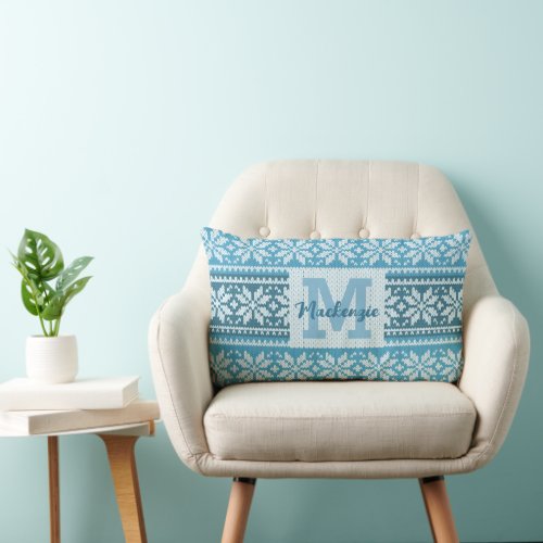 Blue Nordic Snowflake Knit Sweater Monogram Name Lumbar Pillow