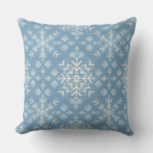 Blue Nordic Snowflake Pattern Winter Holiday Throw Pillow