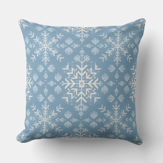 Blue Nordic Snowflake Pattern Winter Holiday Throw Pillow (Front)