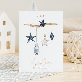 Blue nordic stars gnome wood Christmas Holiday Card