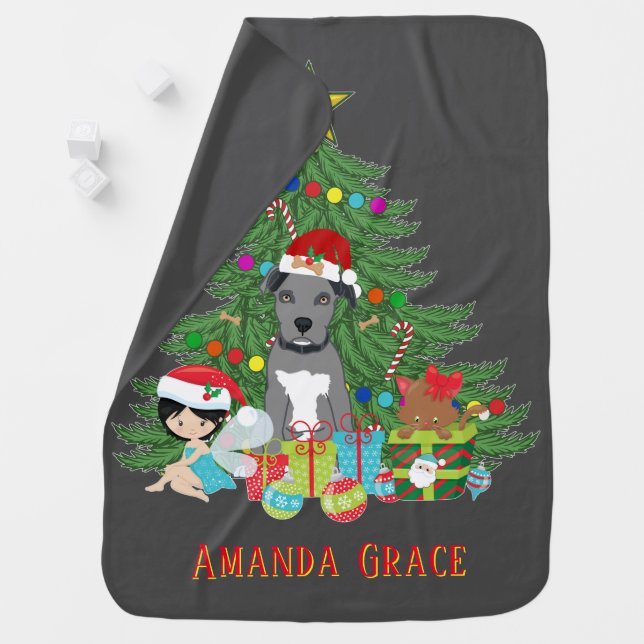 Blue Nose Pitbull Christmas Tree Festive Design Baby Blanket (In Situ)