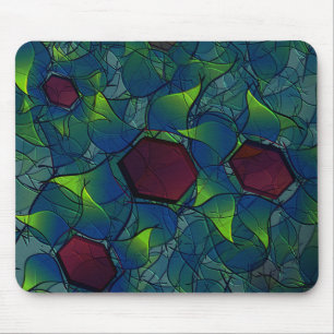 Blue notched virtual petals, leafy and red hexagon mouse pad