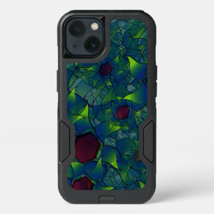 Blue notched virtual petals, leafy and red hexagon iPhone 13 case