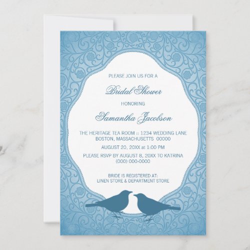 Blue Nouveau Floral Frame Bridal Shower Invite