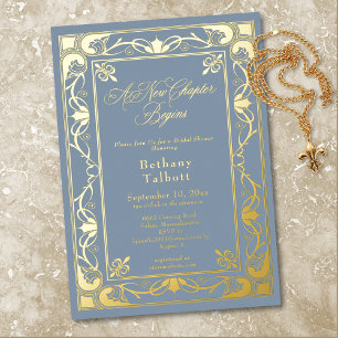 Blue Nouveau Vintage New Chapter Bridal Shower Foil Invitation