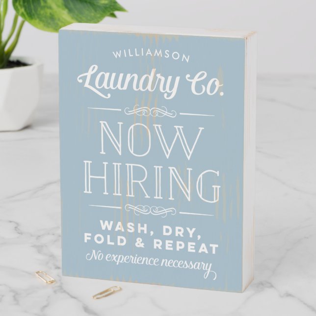 Blue Now Hiring Personalized Laundry Room Wooden Box Sign (In Situ Vertical)