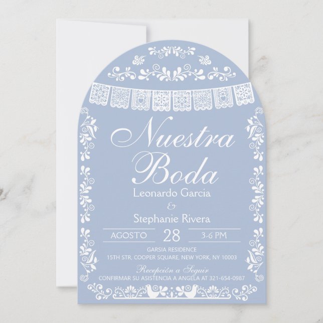 Blue Nuestra Boda Papel Picado Spanish Wedding Invitation (Front)