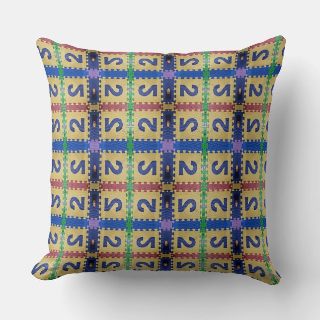 Blue Number 2 over Square Gold Puzzle Design Throw Pillow (Front)