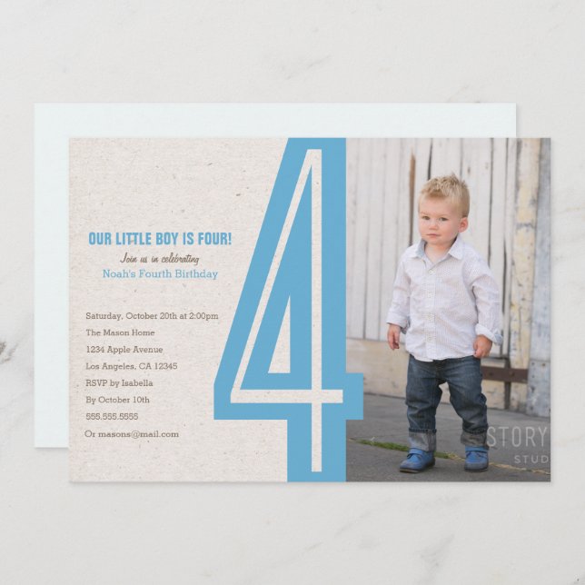 Blue Number Four Birthday Party Invitation (Front/Back)