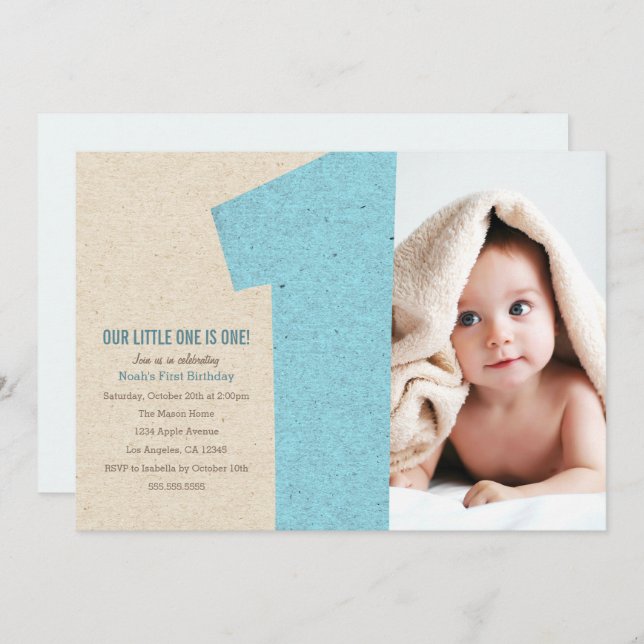 Blue Number One First Birthday Party Invite (Front/Back)