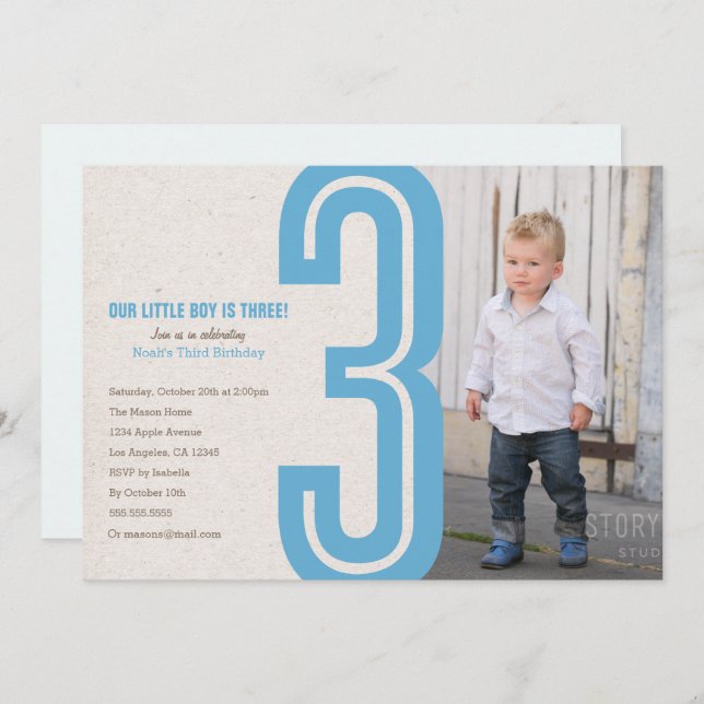 Blue Number Three Birthday Party Invitation (Front/Back)