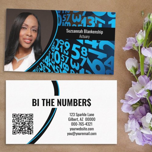 Blue Numbers on Black Custom Photo and QR Code Business Card