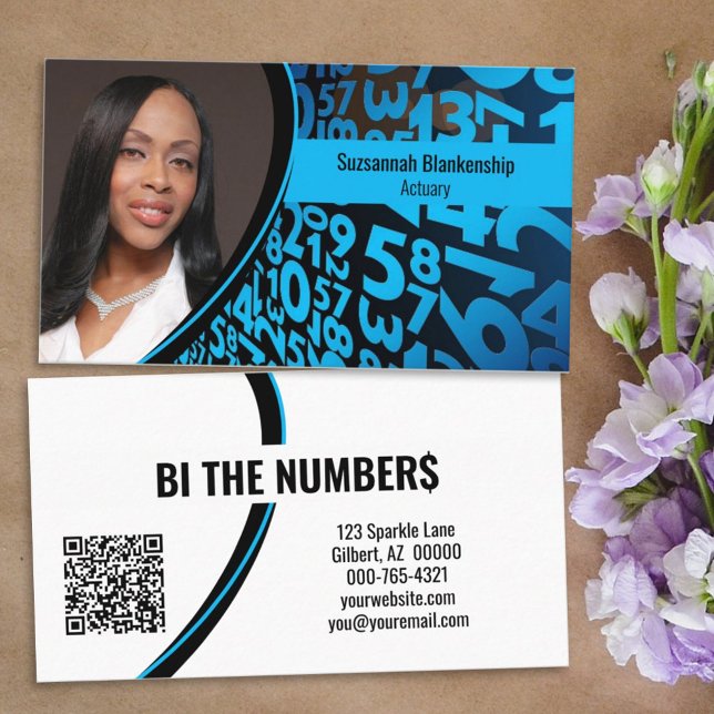 Blue Numbers on Black Custom Photo and QR Code Business Card (Creator Uploaded)