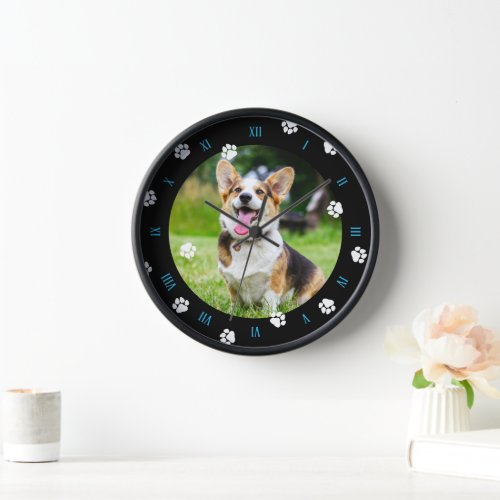 Blue Numbers White Paws Black Frame Dog Photo Clock