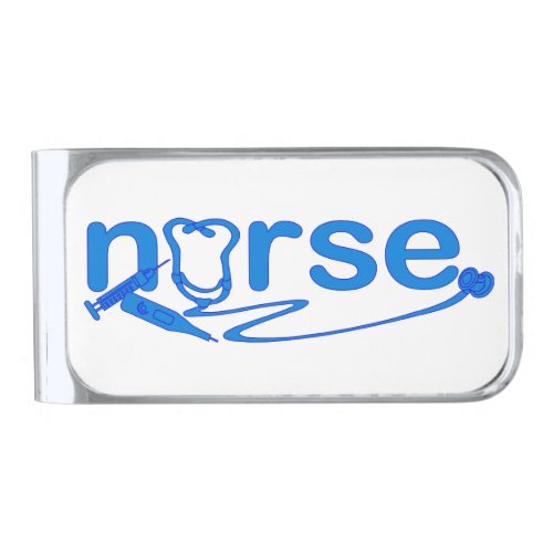Blue Nurse Appreciation Nursing Symbols Silver Finish Money Clip