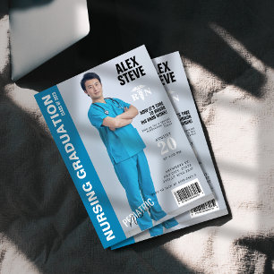 Blue Nurse RN Graduation Photo Magazine Invitation