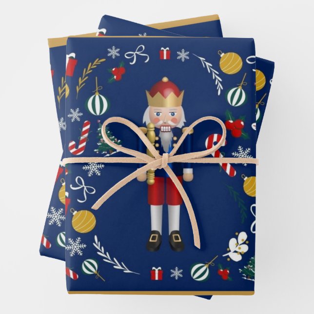 Blue Nutcracker Wrapping Paper Flat Sheet Set of 3 (In situ)