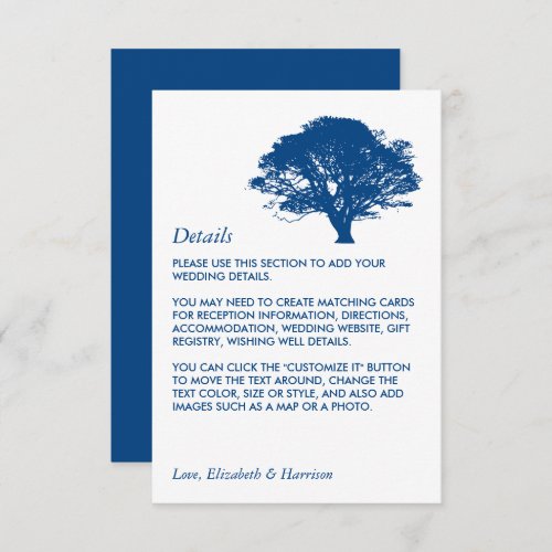 Blue Oak Tree RusticMinimalistic Wedding Detail Enclosure Card