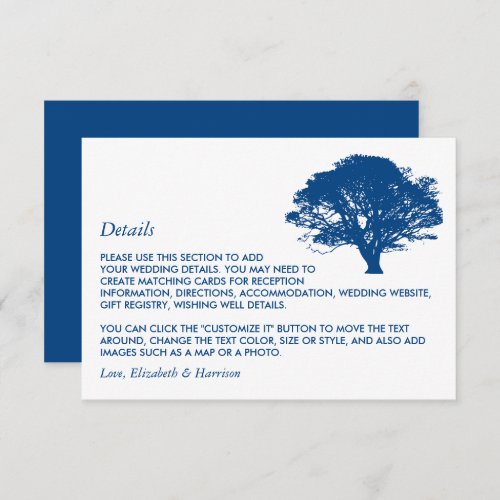 Blue Oak Tree RusticMinimalistic Wedding Detail Enclosure Card