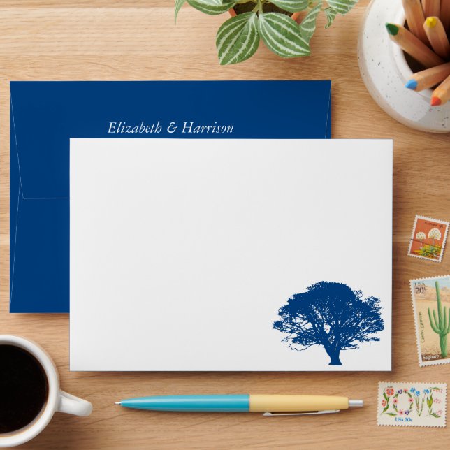 Blue Oak Tree, Rustic & Minimalistic Wedding Envelope (Desk)