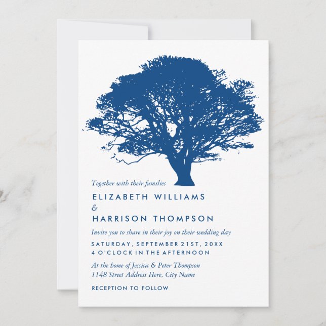 Blue Oak Tree, Rustic & Minimalistic Wedding Invitation (Front)