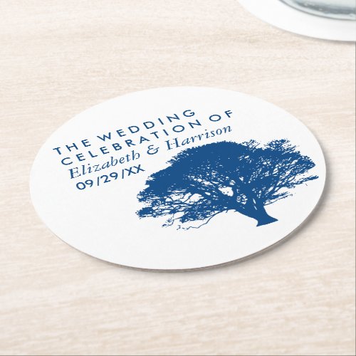 Blue Oak Tree Rustic  Minimalistic Wedding Round Paper Coaster