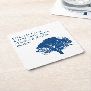 Blue Oak Tree, Rustic & Minimalistic Wedding Square Paper Coaster