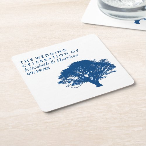 Blue Oak Tree Rustic  Minimalistic Wedding Square Paper Coaster